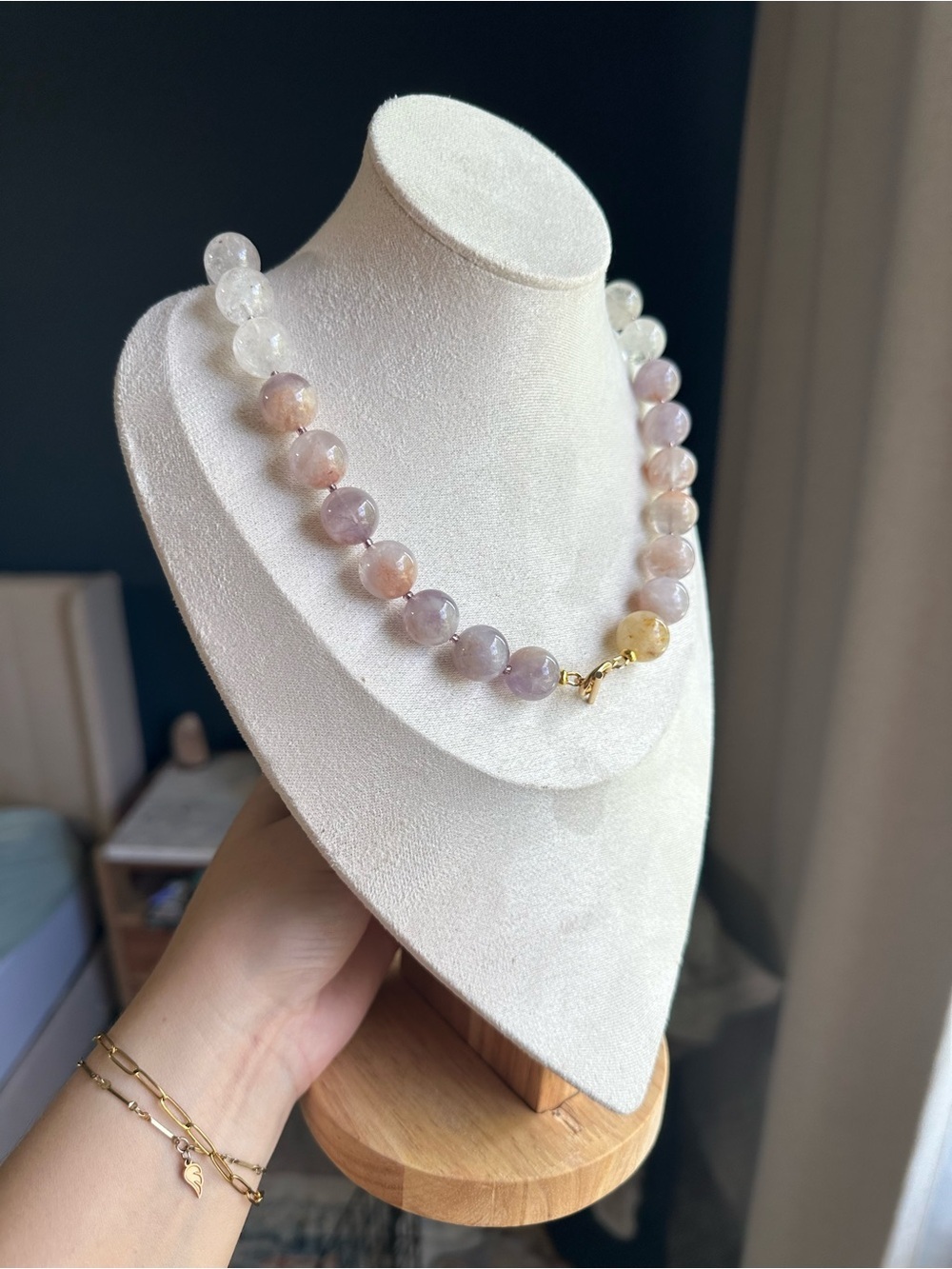 All Natural Amethyst & Clear Quartz Beaded Necklace with Gold Toggle - Picture 4 of 4
